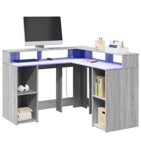 Escritorio con LED madera ingeniería gris sonoma 130x130x91cm en Oficina | Comprar online en Foru.es