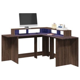 Escritorio con LED madera ingeniería marrón roble 152x152x91 cm en Oficina | Comprar online en Foru.es
