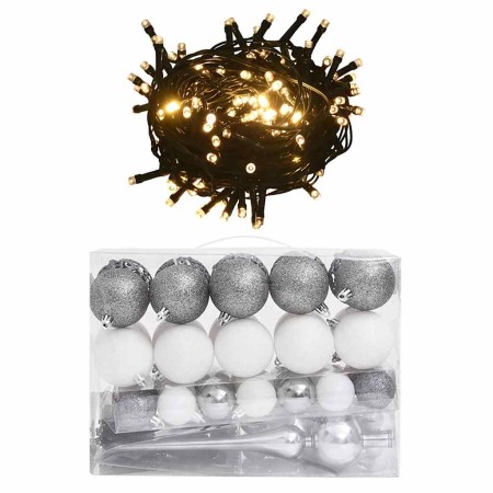 Set de bolas de Navidad 60 pzas con pico 150 LED blanco y gris en Decoración Festiva y Estacional | Comprar online en Foru.es
