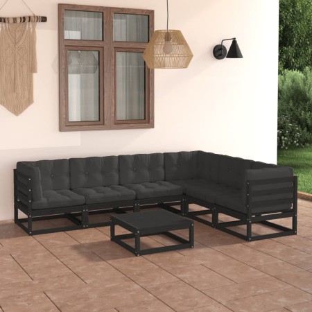 Set de muebles de jardín 7 pzas con cojines madera pino negro en Conjuntos de jardín | Comprar online en Foru.es