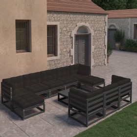 Set de muebles de jardín 10 pzas con cojines madera pino negro en Conjuntos de jardín | Comprar online en Foru.es