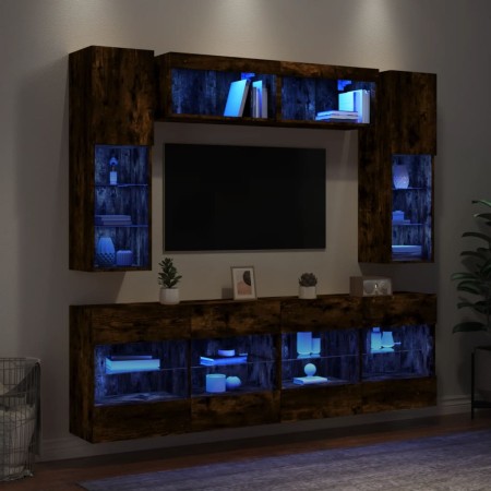 Muebles de TV de pared con luces LED 6 piezas roble ahumado en Muebles TV | Comprar online en Foru.es
