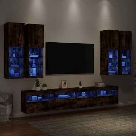 Muebles de TV de pared con luces LED 7 piezas roble ahumado en Muebles TV | Comprar online en Foru.es