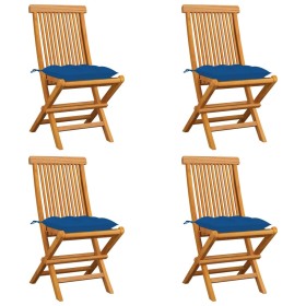 Sillas de jardín 4 uds madera maciza de teca con cojines azules en Sillas de jardín | Comprar online en Foru.es
