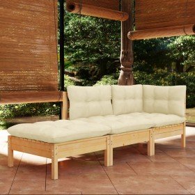 Muebles de jardín 3 piezas cojines madera maciza de pino crema en Conjuntos de jardín | Comprar online en Foru.es