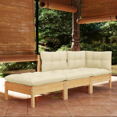 Muebles de jardín 3 piezas cojines madera maciza de pino crema en Conjuntos de jardín | Comprar online en Foru.es