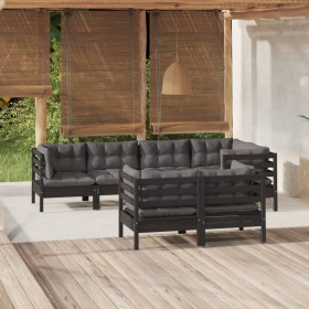 Muebles de jardín 7 pzas y cojines negro madera maciza de pino en Conjuntos de jardín | Comprar online en Foru.es