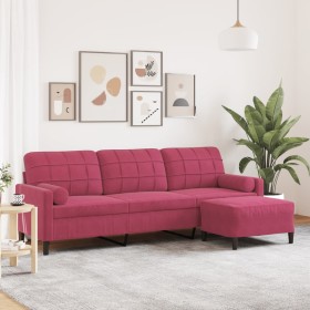 Sofá de 3 plazas con taburete de terciopelo rojo tinto 210 cm en Sofás | Comprar online en Foru.es