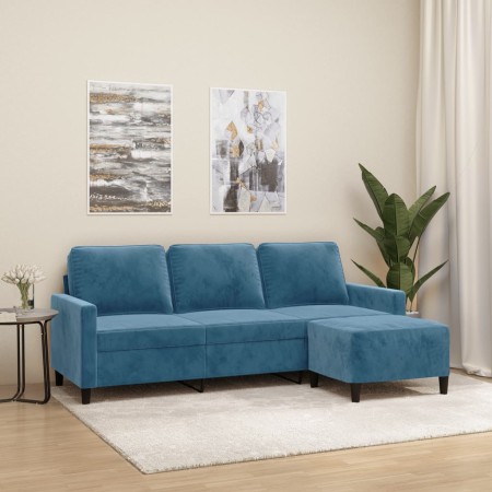 Sofá de 3 plazas con taburete de terciopelo azul 180 cm en Sofás | Comprar online en Foru.es