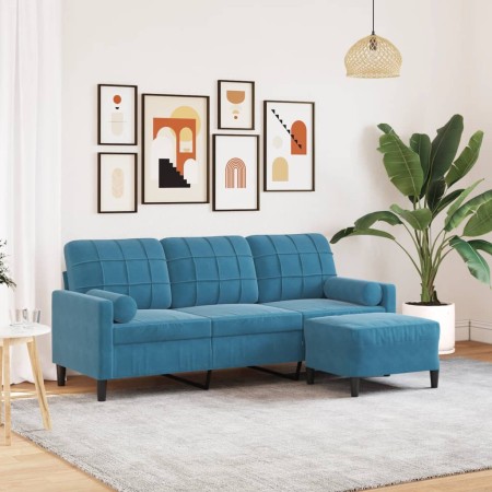 Sofá de 3 plazas con taburete de terciopelo azul 180 cm en Sofás | Comprar online en Foru.es