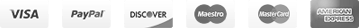 Visa, MasterCard, Maestro, American Express, Discover y PayPal