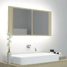 Armario espejo de baño LED acrílico roble Sonoma 90x12x45 cm de vidaXL, Tocadores de baño - Ref: Foro24-804975, Precio: 48,99...