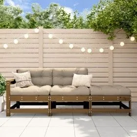 Juego de sofás de jardín 3 pzas con cojines madera marrón miel de vidaXL, Sofás modulares de exterior - Ref: Foro24-825600, P...