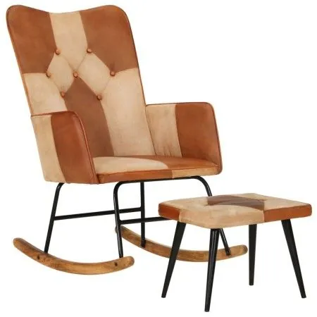 Schaukelstuhl mit Hocker aus echtem Leder und braunem Canvas von vidaXL, Schaukelstühle - Ref: Foro24-339707, Preis: 123,93 €...