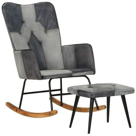 Mecedora con taburete cuero auténtico y lona gris de vidaXL, Mecedoras - Ref: Foro24-339709, Precio: 128,67 €, Descuento: %