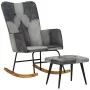 Mecedora con taburete cuero auténtico y lona gris de vidaXL, Mecedoras - Ref: Foro24-339709, Precio: 128,67 €, Descuento: %