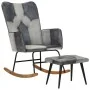 Mecedora con taburete cuero auténtico y lona gris de vidaXL, Mecedoras - Ref: Foro24-339709, Precio: 128,67 €, Descuento: %