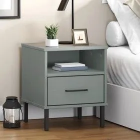 Mesita de noche patas de metal madera maciza pino gris OSLO de vidaXL, Mesitas de noche - Ref: Foro24-350971, Precio: 62,41 €...