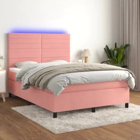 Cama box spring colchón y LED terciopelo rosa 140x200 cm de vidaXL, Camas y somieres - Ref: Foro24-3136190, Precio: 474,31 €,...
