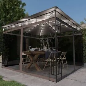 Cenador mosquitera y tira de luz LED taupé 3x3x2,73m 180 g/m² de vidaXL, Carpas y cenadores - Ref: Foro24-3070318, Precio: 31...