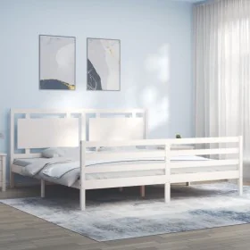 Double bed frame with white solid wood headboard by vidaXL, Beds and slatted bases - Ref: Foro24-3194067, Price: 175,05 €, Di...