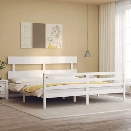 Double bed frame with white solid wood headboard by vidaXL, Beds and slatted bases - Ref: Foro24-3195107, Price: 145,18 €, Di...