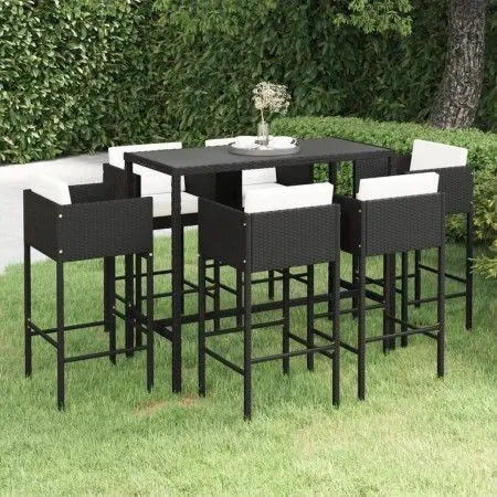 Set de bar de jardín 7 pzas y cojines ratán sintético negro de vidaXL, Conjuntos de jardín - Ref: Foro24-3094796, Precio: 592...