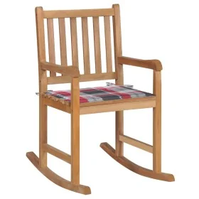 Silla mecedora de madera maciza teca con cojín a cuadros rojos de , Sillas de jardín - Ref: Foro24-3062770, Precio: 161,14 €,...