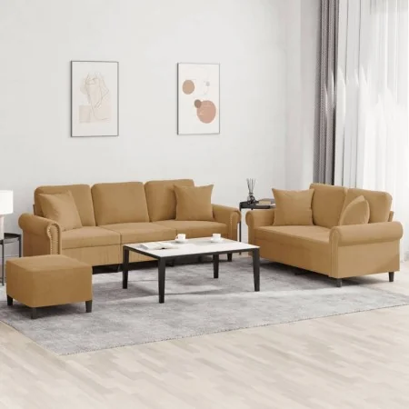 Juego de sofás con cojines 3 piezas terciopelo marrón de , Sofás - Ref: Foro24-3202287, Precio: 612,70 €, Descuento: %