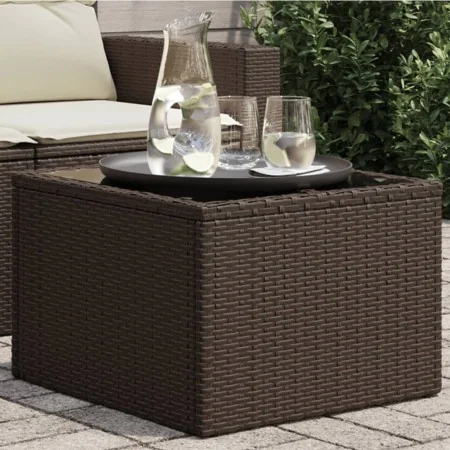Mesa de jardín superficie cristal ratán PE marrón 55x55x37 cm de , Mesas de jardín - Ref: Foro24-366207, Precio: 60,08 €, Des...