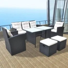 6-teiliges Garten-Essset und schwarze Kissen aus synthetischem Rattan von vidaXL, Gartensets - Ref: Foro24-42643, Preis: 690,...