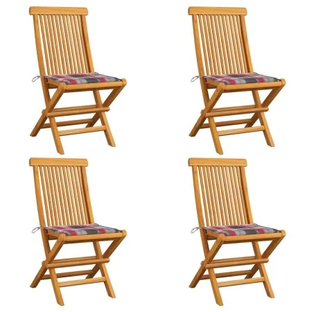 Sillas de jardín 4 uds madera de teca y cojines a cuadros rojos de , Sillas de jardín - Ref: Foro24-3062581, Precio: 244,50 €...