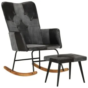Mecedora con taburete cuero auténtico y lona negro de , Mecedoras - Ref: Foro24-339710, Precio: 120,89 €, Descuento: %