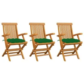 Sillas de jardín 3 uds madera maciza de teca con cojines verdes de , Sillas de jardín - Ref: Foro24-3062534, Precio: 222,35 €...