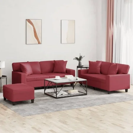 3-piece red dyed faux leather sofa set with cushions by , Sofas - Ref: Foro24-3201932, Price: 607,07 €, Discount: %