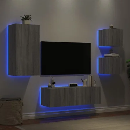 Muebles de TV de pared con luces LED 4 piezas gris Sonoma de , Muebles TV - Ref: Foro24-3216886, Precio: 173,03 €, Descuento: %