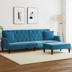 Sofá cama de 2 plazas con almohadas y taburete terciopelo azul de , Sofás - Ref: Foro24-3216218, Precio: 374,33 €, Descuento: %