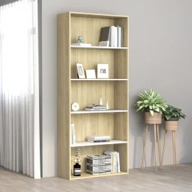Estantería 5 niveles contrachapada blanca y roble 80x30x189 cm de , Librerías y estanterías - Ref: Foro24-801031, Precio: 145...