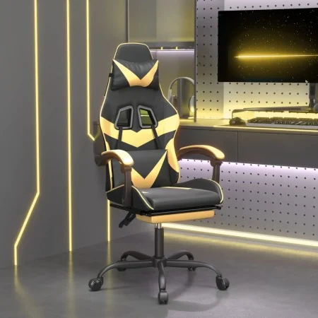 Silla gaming giratoria reposapiés cuero sintético negro dorado de , Sillones para videojuegos - Ref: Foro24-349557, Precio: 1...