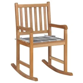Silla mecedora de madera maciza teca con cojín a cuadros grises de , Sillas de jardín - Ref: Foro24-3062771, Precio: 160,31 €...
