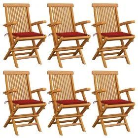 Sillas de jardín 6 uds madera maciza de teca con cojines rojos de , Sillas de jardín - Ref: Foro24-3062547, Precio: 458,37 €,...