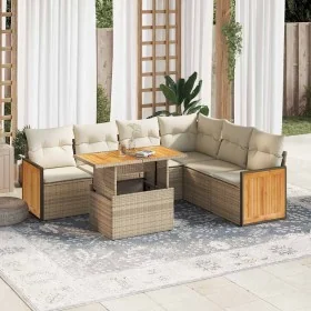 Set sofás jardín y cojines 7 pzas ratán sintético acacia beige de , Conjuntos de jardín - Ref: Foro24-3327719, Precio: 532,64...