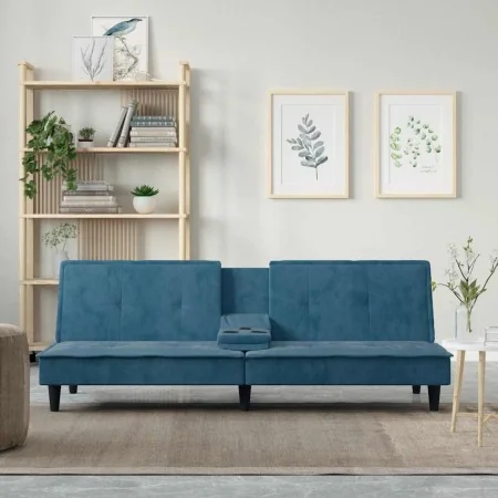 Sofá cama con portavasos terciopelo azul de , Sofás - Ref: Foro24-351919, Precio: 263,21 €, Descuento: %
