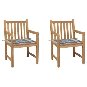 Sillas de jardín 2 uds madera de teca y cojines a cuadros gris de , Sillas de jardín - Ref: Foro24-3062744, Precio: 293,97 €,...