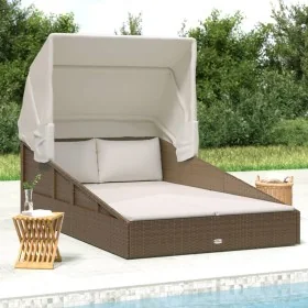 Tumbona con toldo plegable ratán sintético marrón 200x114x128cm de , Camas para exteriores - Ref: Foro24-362272, Precio: 349,...