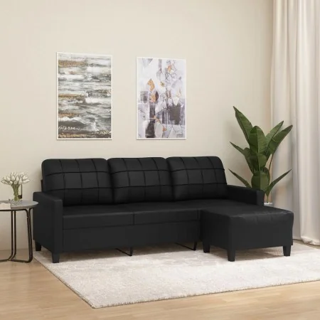 Sofá de 3 plazas con taburete cuero sintético negro 180 cm de , Sofás - Ref: Foro24-3201014, Precio: 324,55 €, Descuento: %