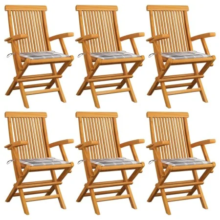 Sillas de jardín 6 uds madera teca con cojines a cuadros grises de , Sillas de jardín - Ref: Foro24-3062555, Precio: 445,07 €...