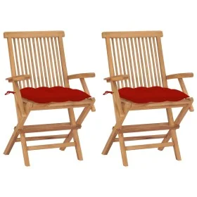 Sillas de jardín 2 uds madera maciza de teca con cojines rojos de , Sillas de jardín - Ref: Foro24-3062508, Precio: 182,87 €,...