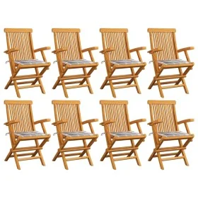 Sillas de jardín 8 uds madera teca con cojines a cuadros grises de , Sillas de jardín - Ref: Foro24-3072903, Precio: 627,65 €...