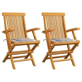 Sillas de jardín 2 uds madera teca con cojines a cuadros grises de , Sillas de jardín - Ref: Foro24-3062501, Precio: 179,02 €...